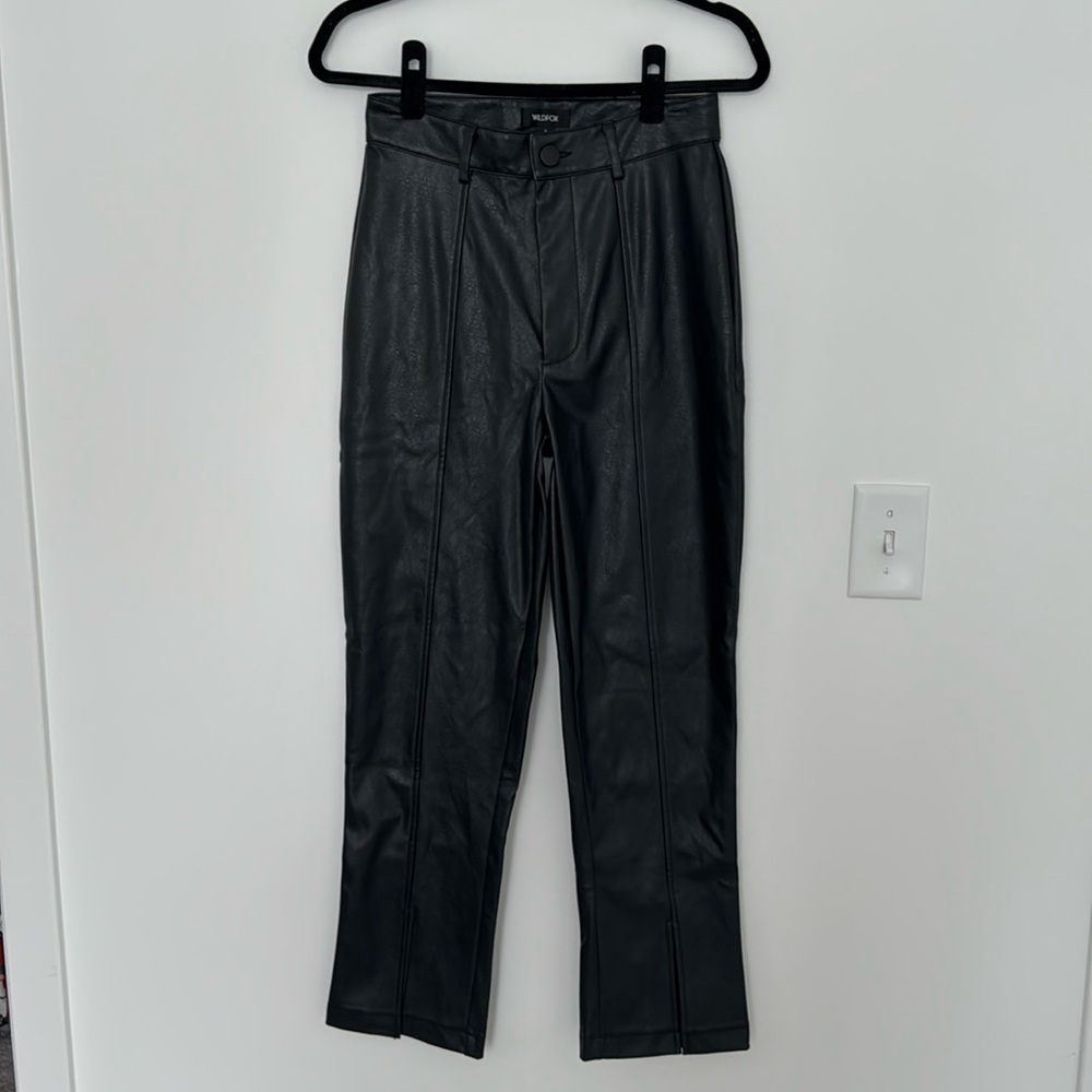 Wildfox Faux Leather Slit Hem Straight Leg Pants, Black - Size S - Picture 2 of 7